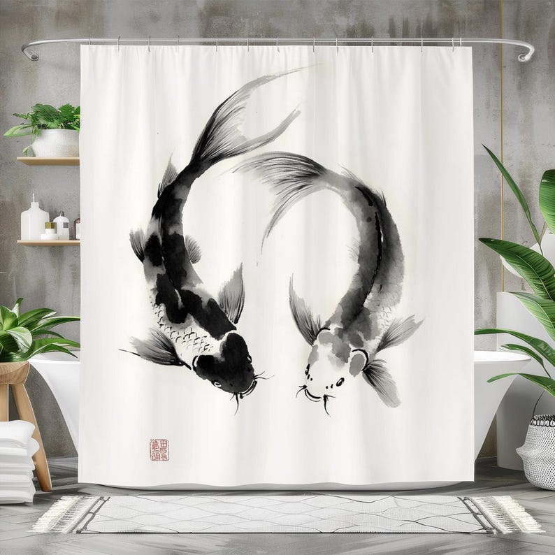 Japanese Home Bathroom Design - Rideau de douche poisson, rideau de